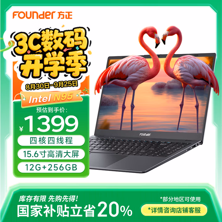 方正【国家补贴20%】笔记本电脑轻薄本大学生专用学习办公游戏手提小巧（N95 12G/256G）15.6英寸灰色