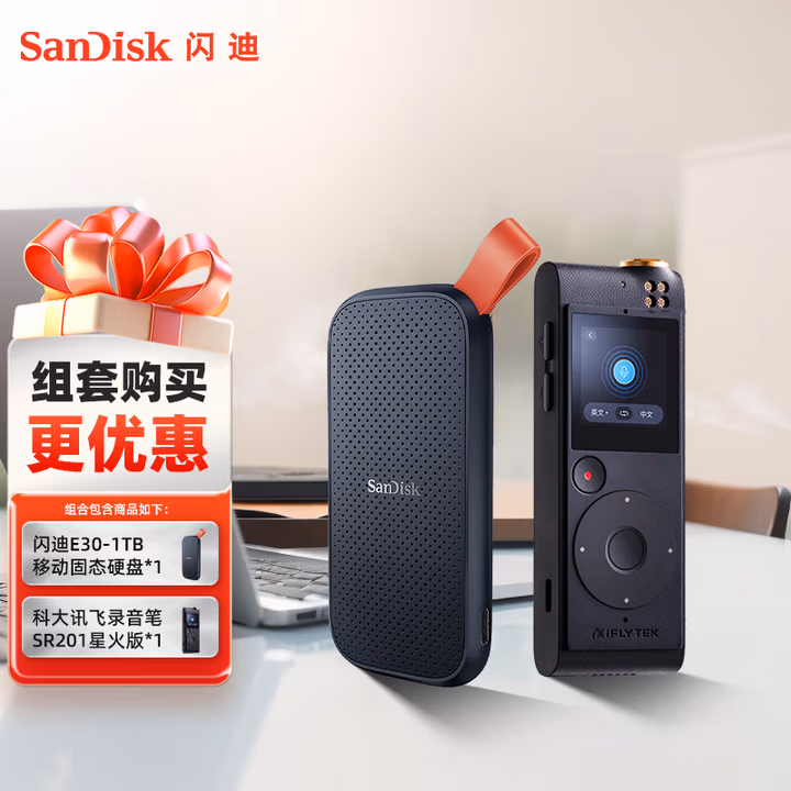 闪迪（SanDisk）E30-1TB移动固态硬盘科大讯飞录音笔SR201星火版 