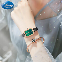 迪士尼（Disney）优雅时尚简约小绿表防水石英表高中学生初中小巧精致轻奢方形手表  皮带小绿表