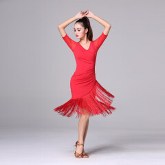 茜美姿恰恰拉丁舞服女练功服套装表演出服装流苏款连衣裙成年网纱国标舞 牛奶丝红色中袖 XL