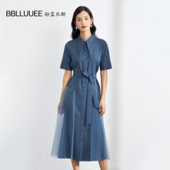 BBLLUUEE/粉蓝衣橱条纹网纱衬衫连衣裙女2021早秋新款蓝收腰A字裙513L082 雾霾蓝 155/36/S