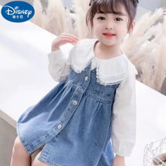 迪士尼女童牛仔连衣裙春秋季衬衫套装新款儿童女宝宝洋气小童两件套 蕾丝衬衫和马甲连衣裙套装 110