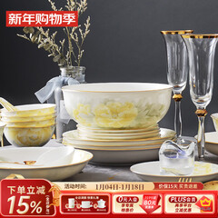 华光 碗碟套装家用 中式骨瓷餐具套装釉中彩盘子碗碟勺 富贵花开32头  富贵花开 32头【灰牡丹】