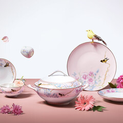 华光碗碟套装 骨瓷餐具碗碟套装 高温无铅镉健康釉中彩 富贵牡丹  富贵牡丹（粉+金）礼盒装 32头