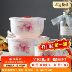 华光抗菌骨瓷保鲜碗饭盒微波炉可加热三件套保鲜盒釉中彩一人食泡面碗 花好月圆