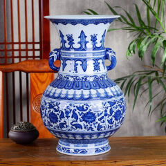 奋行景德镇陶瓷花瓶摆件双耳手绘青花瓷花瓶现代中式客厅博古架装饰品