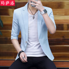玛萨洛新款夏季韩版中袖小西装男修身七分袖短袖西装男士休闲西服薄外套 蓝色 175/XL