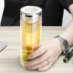 凯霖高山流水双层玻璃杯办公茶杯带盖耐热创意透明水杯 KL1181-350ml