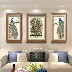 述说客厅装饰画欧美田园餐厅挂画沙发背景墙画三联壁画孔雀平安 美式花卉金色画框 40x70+55x70+40x70cm