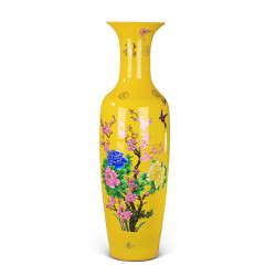 景鑫景德镇陶瓷器黄色牡丹落地大花瓶客厅酒店摆件 1米1.2米1.4米1.6 单个2.2米 需定做 木架