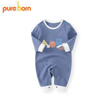 pureborn春款新品宝宝长袖爬服婴幼儿连体衣宝宝可爱哈衣 中蓝 0-3个月