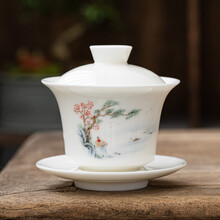 昌朴居 盖碗大号茶杯单个羊脂玉三才盖碗功夫茶具陶瓷茶碗家用防烫泡茶器 羊脂玉高升盖碗-山水180ml