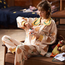 喜孕娇月子服春秋款纯棉薄款孕妇睡衣春季日系和服产后哺乳衣外出喂奶衣怀孕期家居服两套装夏季 黄杏  不规侧翻领 XL码