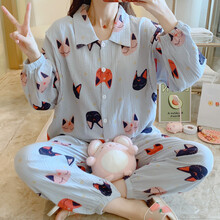 朴源 月子服孕妇睡衣夏季纱布款产后哺乳侧开口孕妇产前产后哺乳喂奶衣春季家居服套装 6820-猫咪蓝 M码（80-100斤）