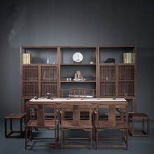 新中式老榆木茶桌椅组合黑胡桃实木家具茶楼会所书桌禅意茶室茶台 胡桃木书柜