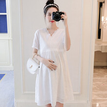 孕妇装夏装时尚潮妈短袖哺乳衣外出春夏季中长款外穿孕妇裙夏天大码孕妈装宽松舒适孕妇连衣裙子新款 白色 M