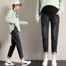 2021秋冬加绒加厚孕妇牛仔裤长裤外穿时尚潮妈托腹裤宽松加肥大码200斤春秋季孕妇打底裤显瘦 黑灰色（春秋版） M
