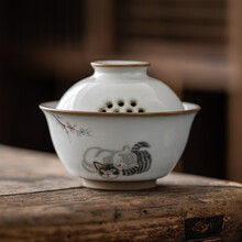 昌朴居 汝窑盖碗茶杯单个开片可养手抓壶三才泡茶碗复古家用陶瓷功夫茶具 汝窑快客盖碗-情侣猫