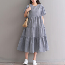 书果 孕妇连衣裙夏装2021年新款潮妈宽松短袖中长款洋气孕妇装怀孕上衣 格子 XL