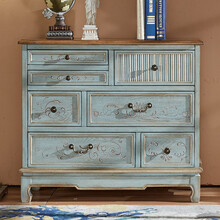 富兰德 美式彩绘复古做旧七斗柜实木五斗橱客厅多功能玄关抽屉柜六斗柜多斗柜轻奢斗柜墙边柜