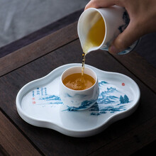 千红窑釉下蓝彩手绘山水壶承干泡台陶瓷茶盘壶托壶垫功夫茶具配件作品壶承