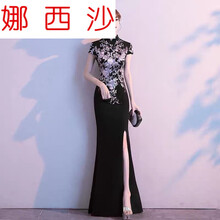 宴会晚礼服女2020新款高贵主持人鱼尾修身高端中式气质旗袍连衣裙漂亮年轻款品质设计瘦高个雷丝 黑色_水洗闺蜜装欧洲站收腰柔美软妹性感女精致...