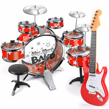 小孩玩的架子鼓 爵士鼓小孩男孩男童生日礼物儿童乐器架子鼓玩MYFS 大号6鼓3镲红色+电子吉他(红) 配凳子架不可调节