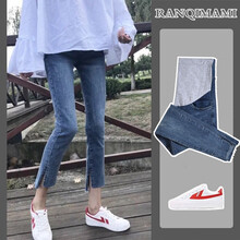 苒琦妈咪孕妇牛仔裤春秋季新款外穿潮妈九分裤小脚裤百搭孕妇裤托腹裤 蓝色 L