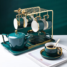 SUCCO 欧式咖啡杯套装 家用小奢华金边拿铁杯碟陶瓷杯子茶杯水杯马克杯 家用下午茶茶具高档礼盒套装 墨绿大金边咖啡杯六杯碟勺+墨绿壶+金架陶瓷托盘