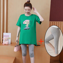 依鎏衣品孕妇装2021春夏新款时尚款外出套装潮妈纯棉上衣T恤孕妇七分托腹裤孕妈套装 绿色上衣+灰七分裤 M建议95-115斤