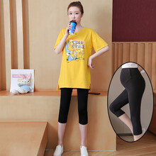 依鎏衣品孕妇装2021春夏新款怀孕装纯棉T恤短袖卡通印花上衣七分托腹裤潮妈时尚孕妇套装 黄色上衣+黑七分裤 M建议95-115斤