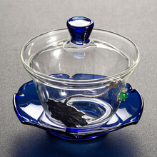 衡儒 三才盖碗全玻璃加厚耐热耐高温日式泡茶茶杯家用大号茶碗功夫茶具 玻璃盖碗-蓝色-镶银荷韵款