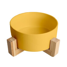 宠物狗碗猫碗大号水碗法斗竹架ins哑光色釉陶瓷沙拉碗餐桌喝水狗粮碗食盆猫碗陶瓷 杏黄碗+竹架