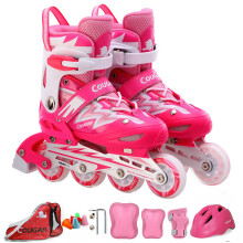 美洲狮（COUGAR）溜冰鞋成人轮滑鞋儿童套装初学可调码男女直排休闲旱冰鞋835 粉白鞋全套装 M码33-36