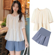 金缔娅 孕妇夏装套装时尚款潮妈外出洋气网红孕妇装夏天薄款休闲两件套夏季 杏色上衣（单件） XL