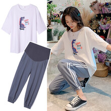 孕妇裤夏天外穿宽松舒适孕妇装夏装时尚新款托腹孕妇打底短裤夏季孕妈装休闲孕妇T恤短袖上衣孕妇套装 双边黑色休闲裤 M