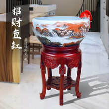 牧溪源 景德镇陶瓷鱼缸养鱼盆大号家用客厅寿兰金鱼缸乌龟缸底循环过滤增氧喷泉流水摆件风水鱼缸带底座 中号鸿运当头