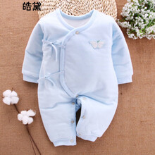 婴儿连体衣秋冬加棉加厚保暖男女宝宝夹棉新生儿衣服薄棉哈衣爬服 【蓝色-天使】加棉蝴蝶衣 59码(建议0-3个月)