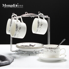 Mongdio 欧式咖啡杯套装小奢华创意陶瓷杯碟勺含架子套装 欧式四杯四碟四勺-银架