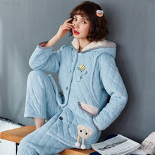 回访人孕妇睡衣秋冬季加厚加绒三层夹棉产后怀孕期12哺乳月子服10月份11 S263#夹棉蓝蜜蜂 女款L码 90-115斤
