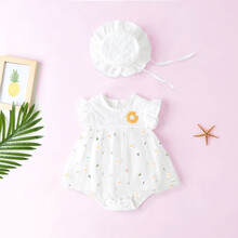 婴儿连体衣夏装女宝宝衣服纱布三角包屁衣夏季纯棉薄款幼儿哈衣公主连衣裙子包屁裙0-3蕾丝可爱3-6个月 白色小雏菊连体衣+帽子 73CM（11-15斤）