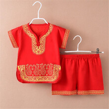 抓周黄马褂夏季宝宝儿童婴儿唐装周岁生日百天黄马褂满月礼服抓周服男复古衣 红色套装 100/70号建议身高90-100