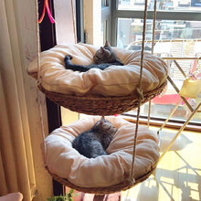 藤编猫窝 海草编织吊床 圆形猫窝半封闭式开口带垫单层双层可拆洗大号吊篮 双层藤编吊床