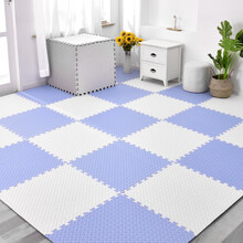 棉觉地垫爬行垫泡沫地垫拼接婴儿爬爬垫 儿童宝宝垫子加厚抗震防滑 白色+天蓝 树叶纹60*60*1.2cm(6片+边条）