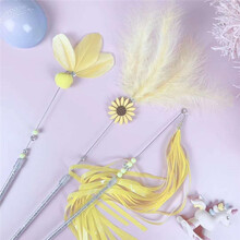 逗猫棒套装 羽毛铃铛流苏毛球三件套小幼猫咪玩具小仙女魔法棒 羽毛流苏三件套-黄色