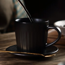 器物集 高档日式粗陶瓷咖啡杯套装杯子北欧式杯碟简约个性创意拉花卡布其诺手冲下午茶牛奶早餐杯 直身珠光黑1杯1碟1勺