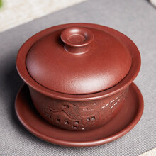 尊壶 宜兴紫砂盖碗手工功夫茶具茶道配件居家办公三才盖碗敬茶杯刻江南盖碗 紫泥