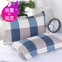酷乐兔枕头含套一对装 枕头套 枕芯套水洗棉面料不掉色不起球亲肤绒 时尚蓝格 42*68cm【一个枕套+一个枕芯】