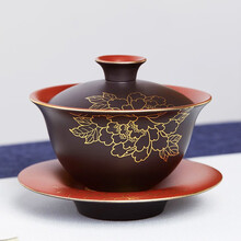 尊壶 盖碗茶杯功夫茶具配件紫砂杯三才盖碗大号敬茶杯家用泡茶碗精选大红袍茶具 描金牡丹 盖碗 大红袍 200ml