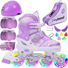 捷豹溜冰鞋儿童轮滑鞋男女初学者旱冰鞋可调滑冰鞋 紫色8轮闪光（头盔+护具+鞋包） 小码S（鞋标31-34）3-5岁穿